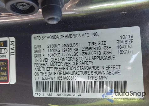 2018 Honda Cr-V Ex-L/Ex-L Navi z USA, uszkodzony, nr VIN 5J6RW1H85JA003701